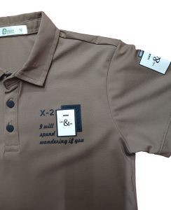 Dark Gray Polo Shirt with Print & Patches for Youth and Adult ODM/OEM Closeup