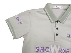 Premium Emboss Print Cotton Lycra Polo Shirt with Patch Decoration for ODM/OEM Manufacturing Closeup